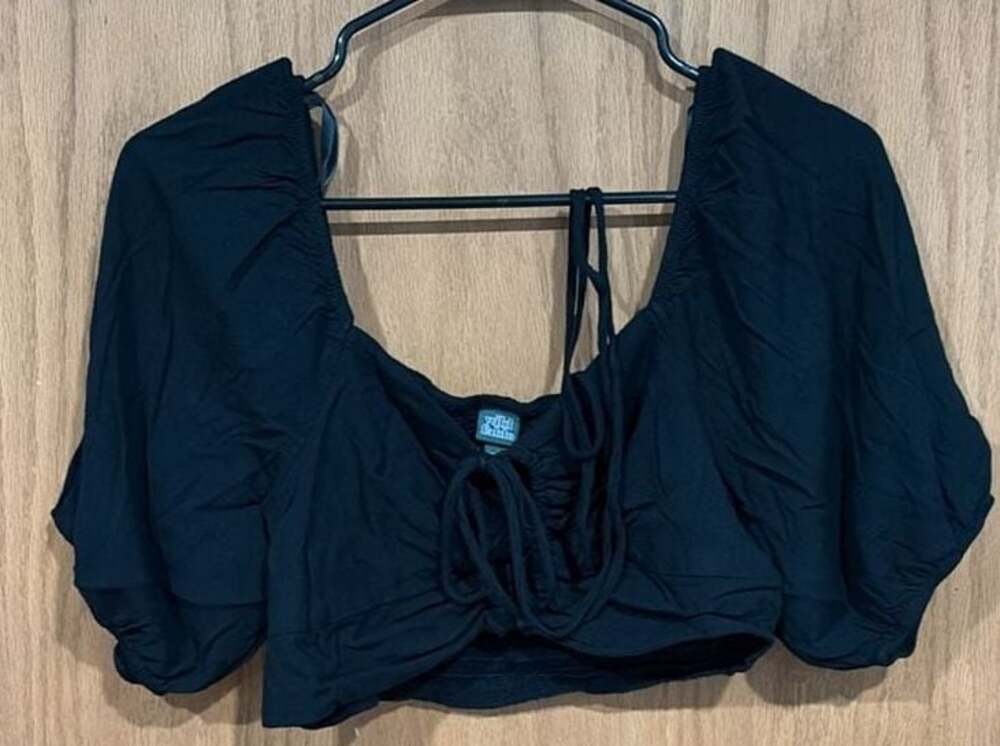 Wild Fable Black Tie-Front Puff Short Sleeve Crop Top - Picture 1 of 4